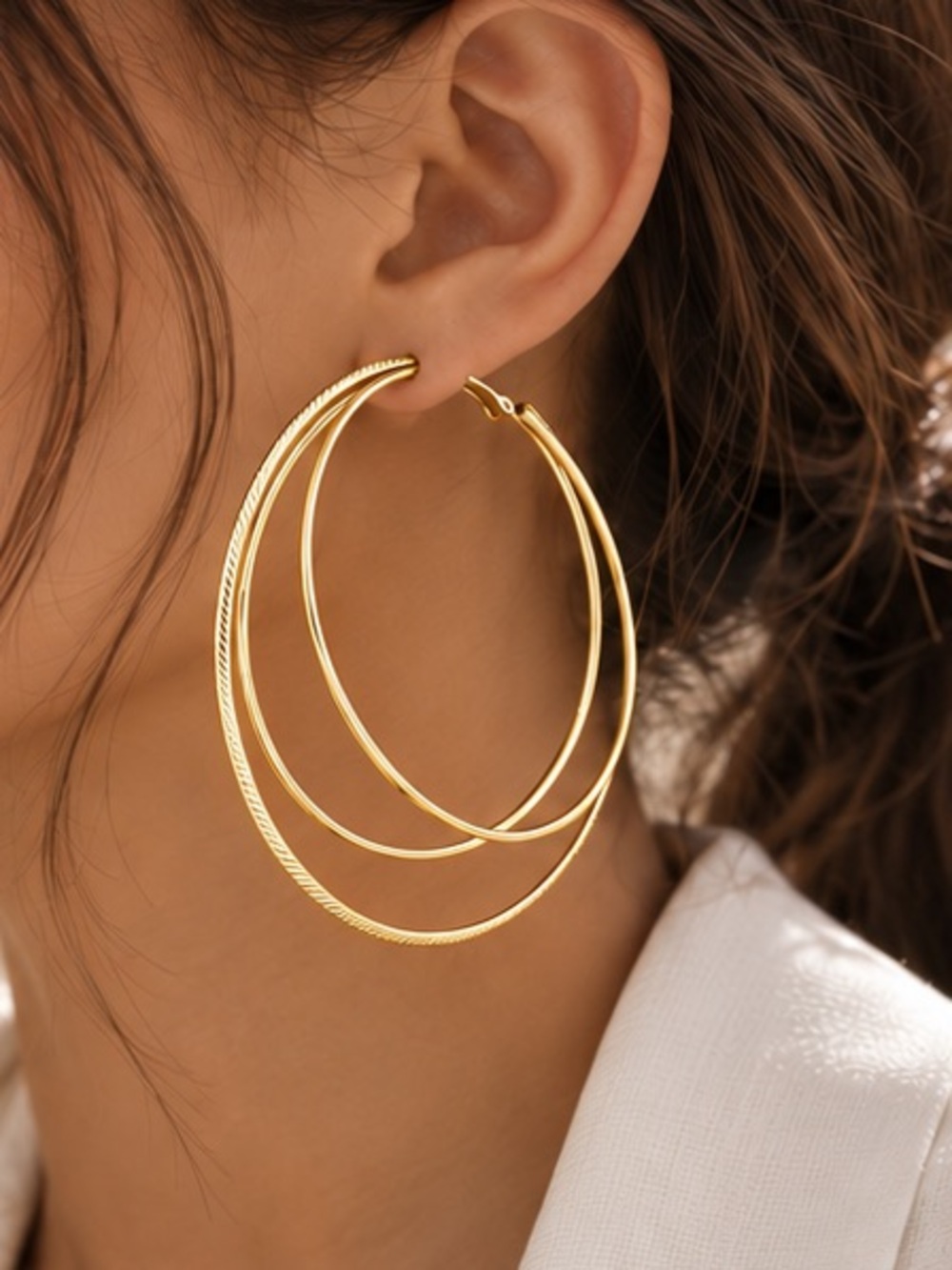 Gold Triple Hoop Large Statement Earrings